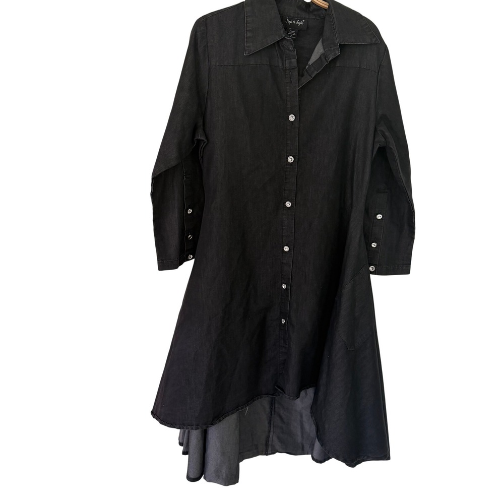 Step In Style Womens Cotton Black Rhinestone High Low Denim Shirt Dress PL